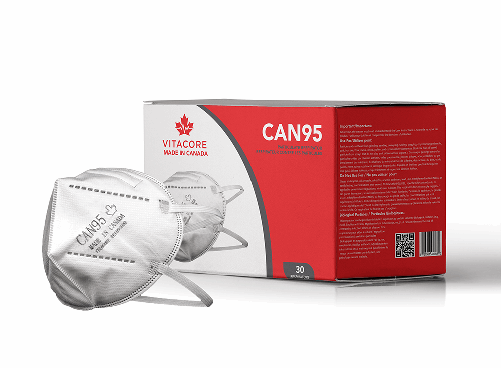 Canadian Made Premium Respirator - CAN95 - Health Canada Approved - Particulate Healthcare Respirator - 3M 1860, N95 Alternative - HEADBAND - (Box of 30 Masks) VITACORE