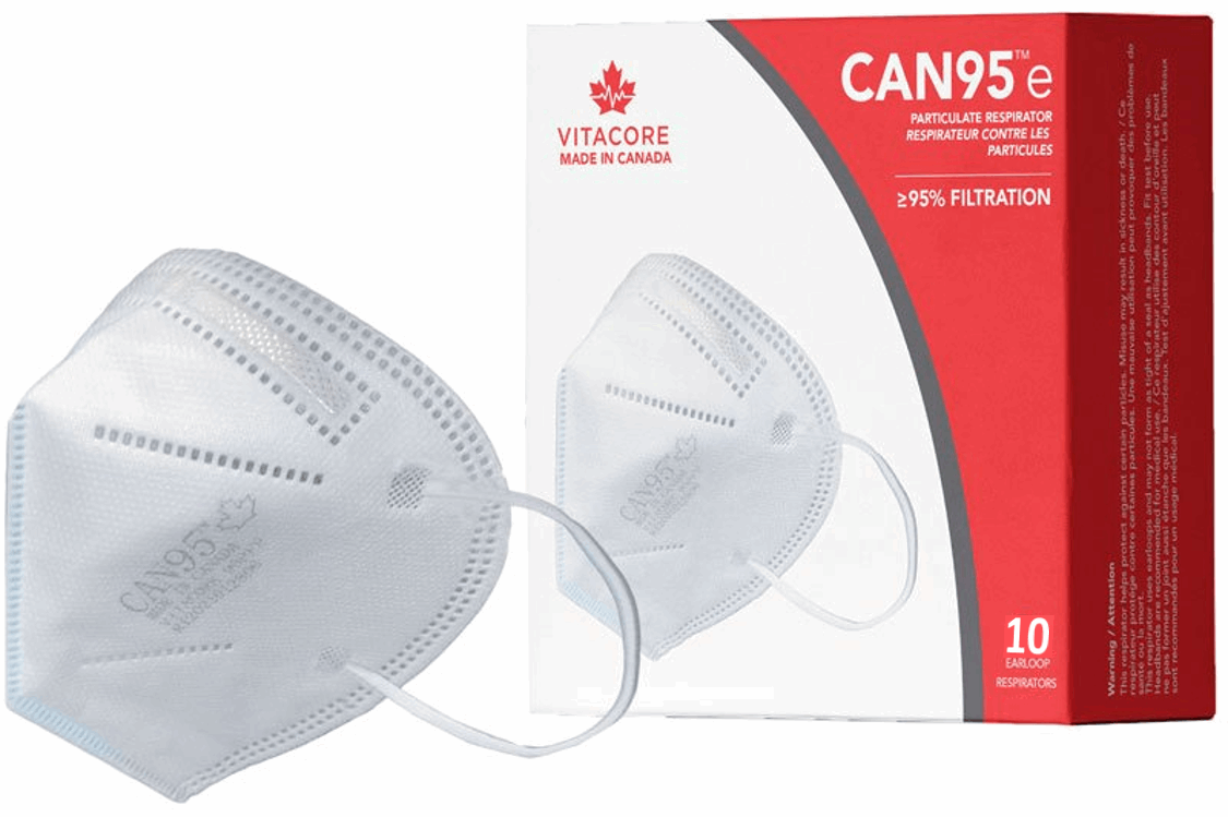 Canadian Made Premium Respirator - VITACORE - CAN95e - White or Black Substitute  - EARLOOP - (Box of 10 or 30 Masks) - N95 and KN95 Alternative