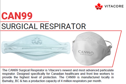 Canadian Made Premium Respirator - CAN99™ 9500 - NIOSH N95 Surgical Respirator - CE FFP3 - Health Canada Approved - Particulate Healthcare Respirator - 3M 1860, N95 Alternative - HEADBAND - VITACORE